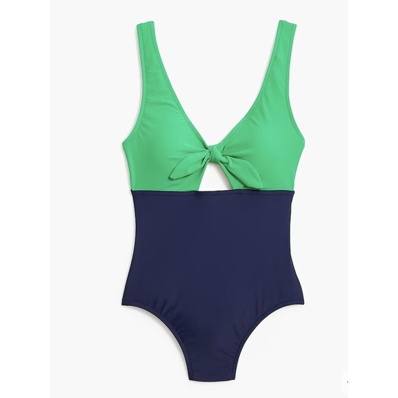NWT J Crew Factory Womens One Piece Swimsuit XS Cutout Bow Lined Blue and Green - Picture 1 of 10